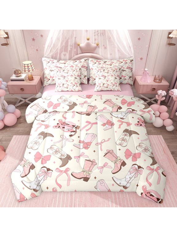Western Cowgirl Boot Twin Bedding Sets 7-Piece, Cartoon Princess Bow-tie Bedding Comforter Set, Teens Kids Girls Women Reversible Sheet Sets, Breathable Home Decor