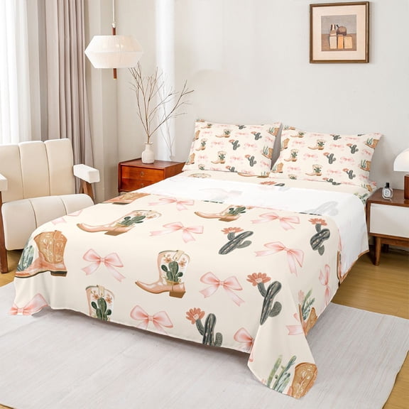 Feelyou Western Cowgirl Boot Twin Sheet Sets, Cactus Botanical Bedding, 3 Pieces