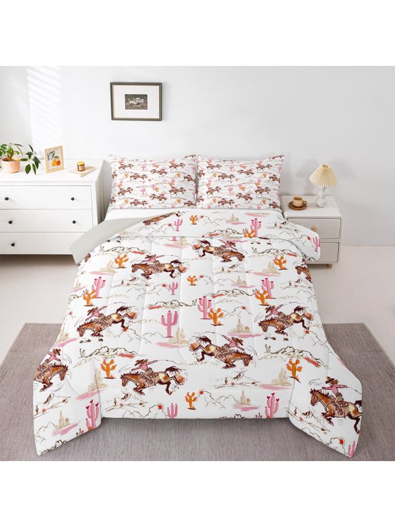 Western Cowgirl Cowboy Bedding Comforter Set, Tribal Hippie Horse Animal Twin Comforter Sets, Pink Cactus Plant Reversible Bedding Set, Breathable Home Decor, 2 Pieces