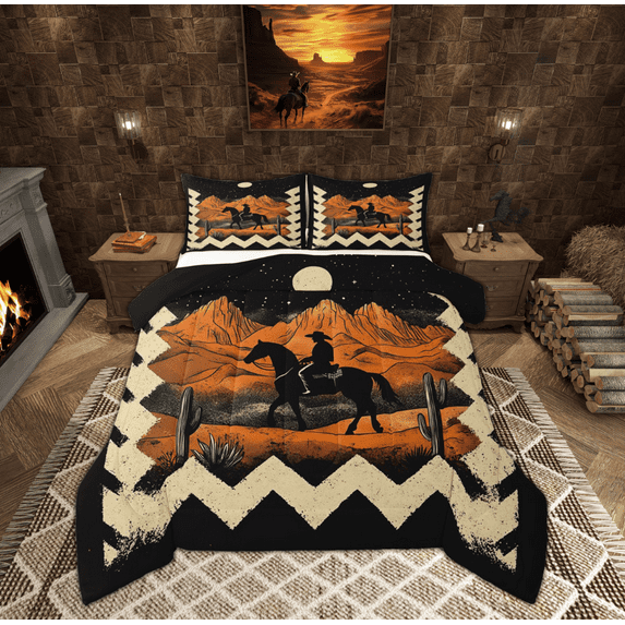 Feelyou Western Cowgirl Cowboy Full Size Comforter Sets, Mystic Tribal Moon Galaxy Bedding Comforter Set, Vintage Geometric Reversible Bedding Sets, Breathable Home Decor, 3-Piece