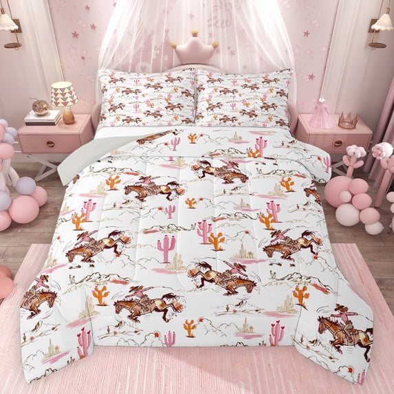 Feelyou Western Cowgirl Cowboy Full Size Comforter Sets, Tribal Hippie Horse Animal Bedding Comforter Set, Pink Cactus Plant Reversible Bedding Sets, Breathable Home Decor, 3 Pieces