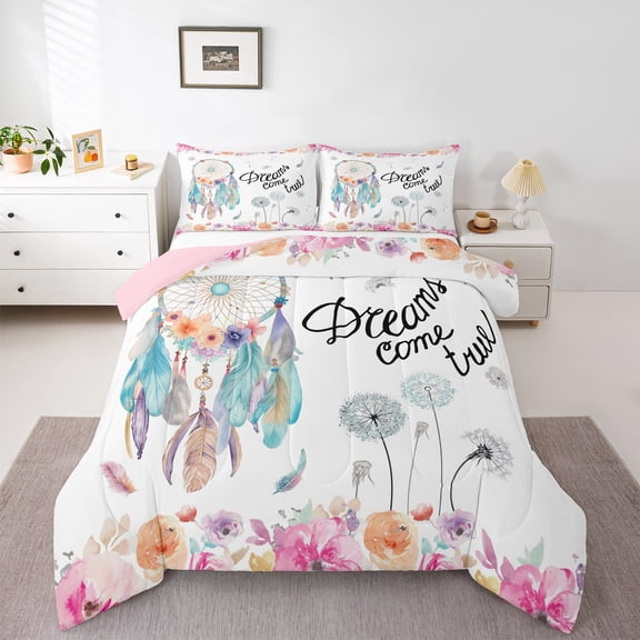 Feelyou Western Dreamcatcher Full Size Comforter Sets, Rustic Dandelion Bedding Comforter Set, Cartoon Flower Floral Reversible Bedding Sets, Ultra Soft Bedroom Decor, 3-Piece