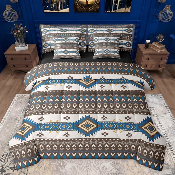 Feelyou Western Fashion Aztec Bedding Comforter Set 7 Pieces for Adult, Vintage Tribal Abstract Full Bedding Set, Rustic Cowgirl Cowboy Reversible Fitted Sheet Flat Sheet, Lightweight Room Decor