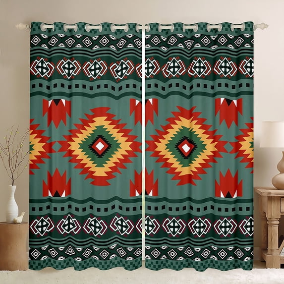Feelyou Western Aztec Cowgirl Blackout Curtains Set of 2 (52x84 Each) for Adult, Green Abstract Plaid Window Curtains