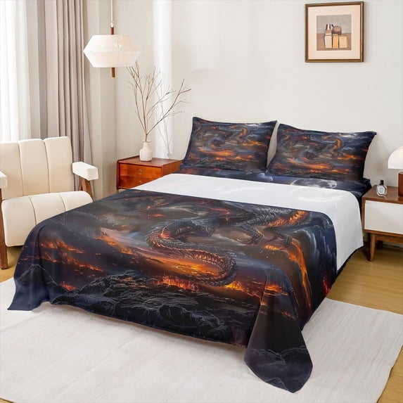 Feelyou Western Fire Dragon Full Size Sheets for Men Boys, Magic Galaxy Moon Bed Sheets, 4pcs