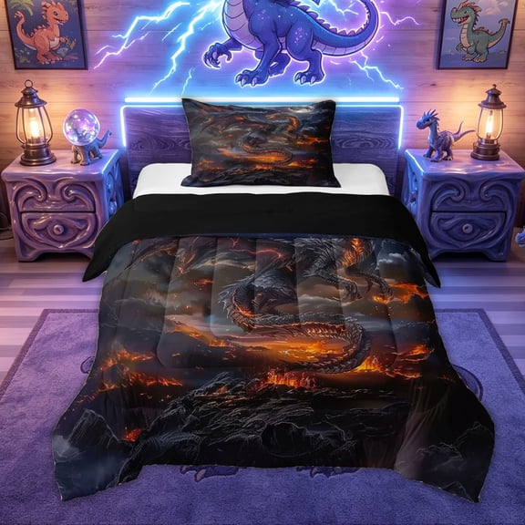 Feelyou Western Fire Dragon Twin Comforter Sets for Men Boys, Magic Galaxy Moon Bedding Set, Black Reversible, 2pcs