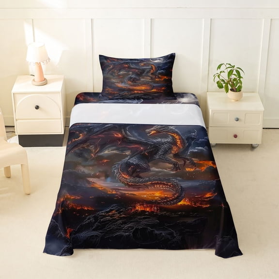 Feelyou Western Fire Dragon Twin Sheet Sets for Men Boys, Magic Galaxy Moon Bedding, 3pcs