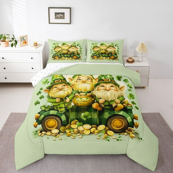 Feelyou Western Gnome Kids Queen Comforter Set, Lucky Shamrock Bedding Comforter Set, 3pcs