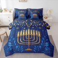 thumbnail image 1 of Feelyou Western Happy Chanukah Bedding Comforter Set 7pcs, Menorah Dreidel King Bedding Sets, Blue Olive Branch Reversible Bed Sheets, Microfiber Bedroom Decor, 1 of 7