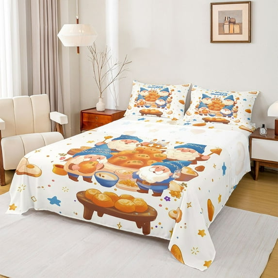 Feelyou Western Happy Hanukkah Twin Sheet Sets, Cartoon Funny Gnome Twin Fitted Sheet, Chanukah Holiday Flat Sheet, Luxury Bedroom Decor, 3 Pieces