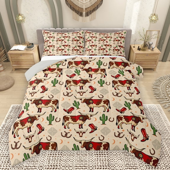 Feelyou Western Highland Cow Queen Comforter Set, Cartoon Tribal Cactus Bedding Sets, Rustic Animal Reversible Bedding Comforter Set, Microfiber Bedroom Decor, 3-Piece