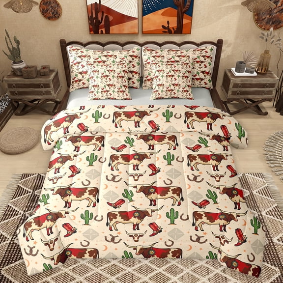 Feelyou Western Highland Cow Twin Bedding Sets 7-Piece, Cartoon Tribal Cactus Bedding Comforter Set, Rustic Animal Reversible Sheet Sets, Microfiber Bedroom Decor