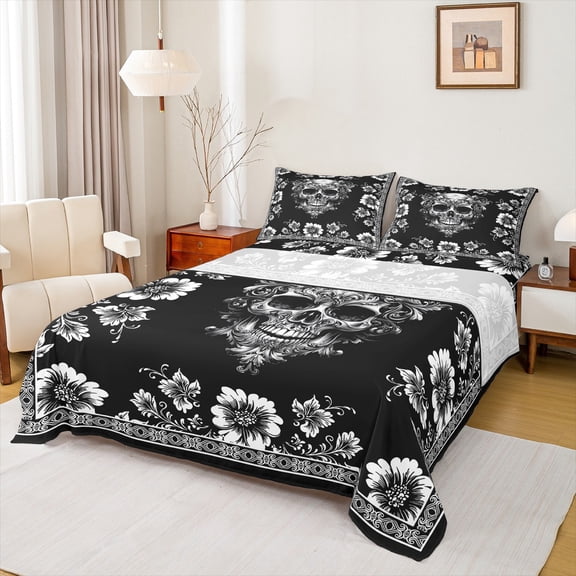 Feelyou Western Hippie Skeleton Twin Sheet Sets, Western Gothic Romantic Twin Fitted Sheet, Vintage Bohemian Damask Flat Sheet, Luxury Bedroom Decor, 3pcs