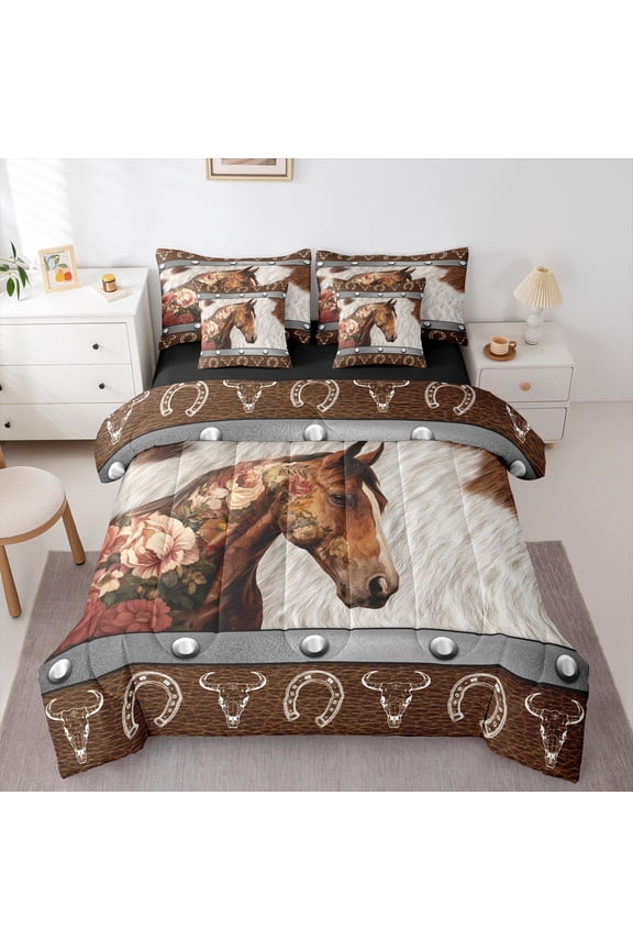 Western Horse Bedding Comforter Set 7 Pieces, Cowgirl Queen Bedding Sets