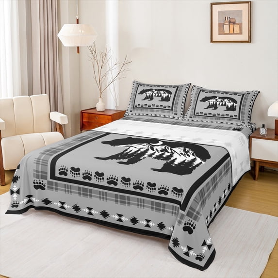 Feelyou Western Jungle Bear Queen Sheet Sets, Grey Triangle Aztec Flat Sheet, Woodland Wildlife Animal Queen Fitted Sheet, Luxury Bedroom Decor, 4 Pieces