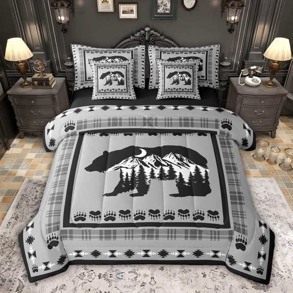 Feelyou Western Jungle Bear Twin Bedding Sets 7-Piece, Grey Triangle Aztec Bedding Comforter Set, Woodland Wildlife Animal Reversible Sheet Sets, Luxury Bedroom Decor