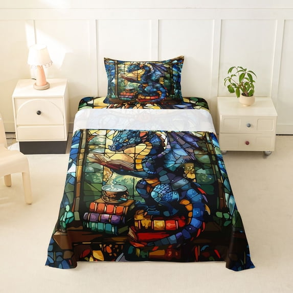 Feelyou Western Magic Dragon Twin Sheet Sets for Kids Boys Teens, Study Animal Bedding, Blue Gold, 3pcs
