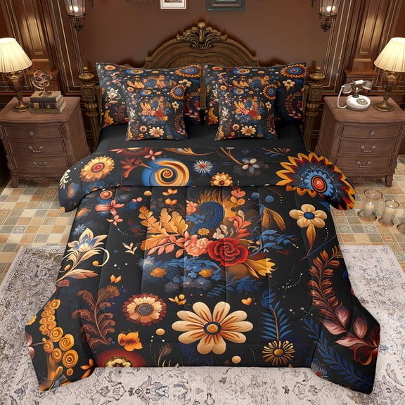 Feelyou Western Mandala Floral Twin Bedding Sets 7-Piece, Rustic Farmhouse Bedding Comforter Set, Retro Bohemian Style Reversible Sheet Sets, Microfiber Bedroom Decor