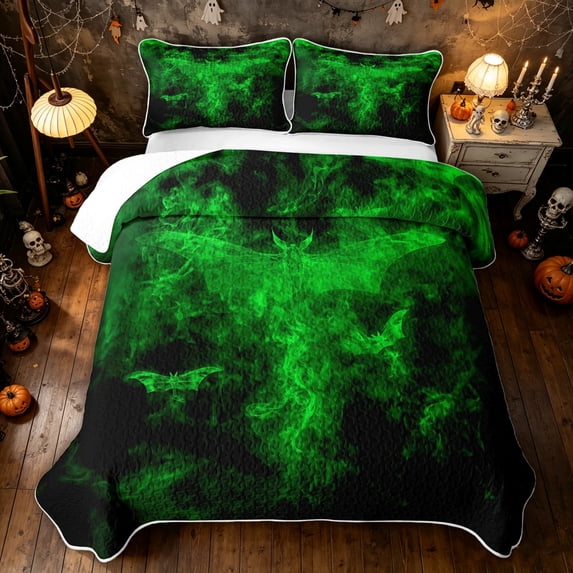 Feelyou Western Moth Bat Quilt Full, Gothic Halloween Skull Full Bedspread Sets, Black Green, 3-Piece, 1 Comforter and 2 Pillowcases