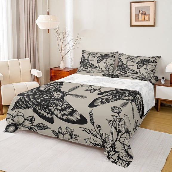 Feelyou Western Moth Women Bed Sheets, Grey Bohemian Mandala King Sheets, Hippie Flower Floral Sheet Set, Lightweight Room Decor, 4 Pieces