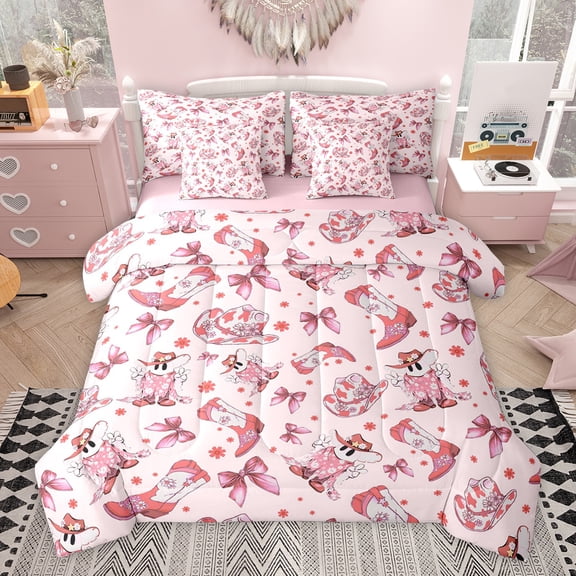 Feelyou Western Princess Boot Bedding Comforter Set 7 Pieces, Kawaii Pink Bowknot Full Bedding Set, Cute Cowgirl Cowboy Reversible Fitted Sheet Flat Sheet, Super Cozy Room Decor