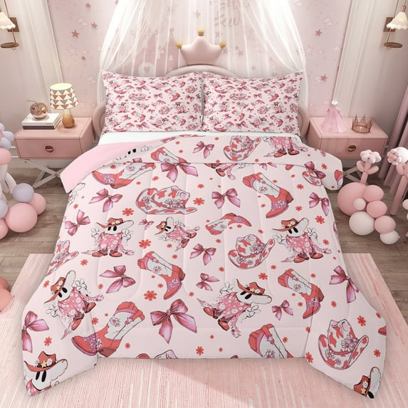 Feelyou Western Princess Boot Bedding Comforter Set, Kawaii Pink Bowknot Twin Comforter Sets, Cute Cowgirl Cowboy Reversible Bedding Set, Super Cozy Room Decor, 2-Piece