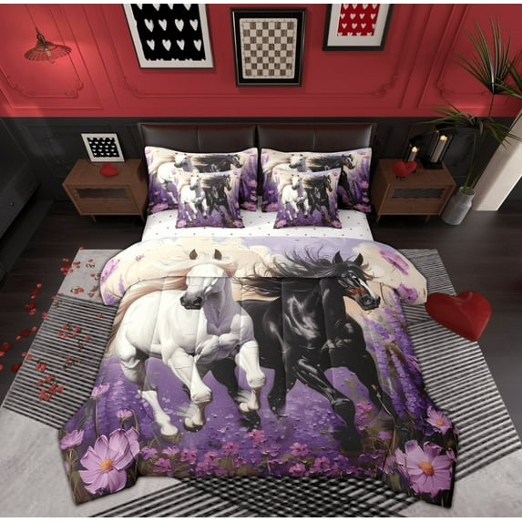 Feelyou Western Racing Horse Bedding Comforter Set 7-Piece for Kids, Rustic Flower King Bedding Sets, Oil Printing Artwork Reversible Bed Sheets, Luxury Bedroom Decor