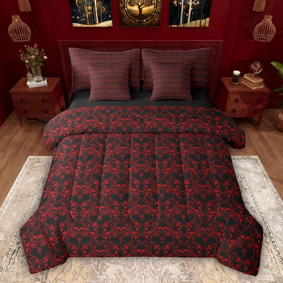 Feelyou Western Red Damask Twin Bedding Sets 7pcs, Boho Gothic Skull Bedding Comforter Set