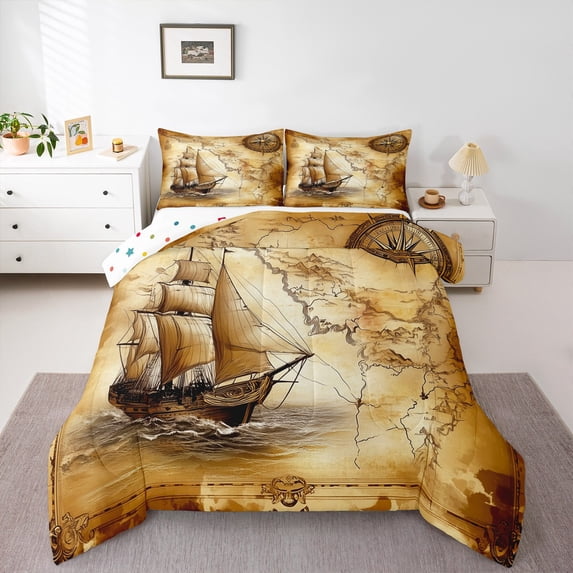 Feelyou Western Sailboat Queen Comforter Set for Kids, Vintage World Map Bedding Sets, Cartoon Compass Print Reversible Bedding Comforter Set, Breathable Home Decor, 3pcs