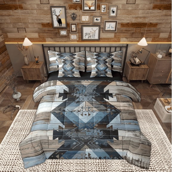 Feelyou Western Tribal Aztec Bedding Comforter Set 7pcs, Rustic Farmhouse Cabin King Bedding Sets, Old Barn Door Reversible Bed Sheets, Ultra Soft Home Decor