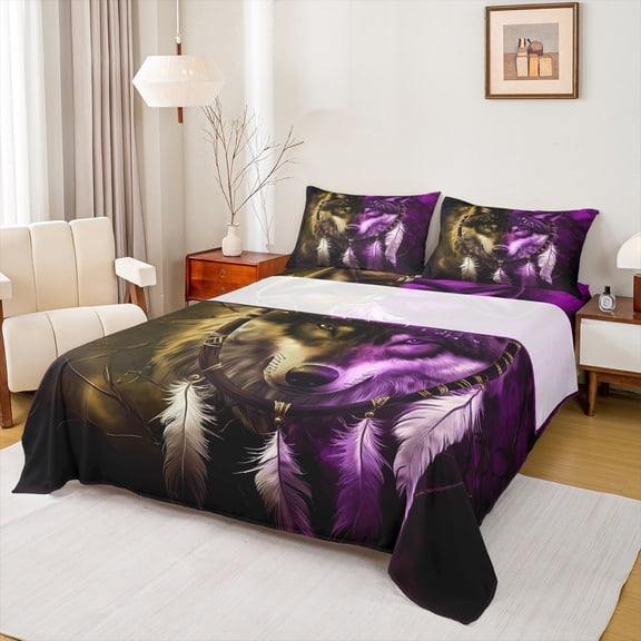 Feelyou Western Wolf Animal Full Size Sheets for Kids, Bohemian Mandala Bed Sheets, Mystic Dreamcatcher Sheet Sets, Ultra Soft Bedroom Decor, 4-Piece