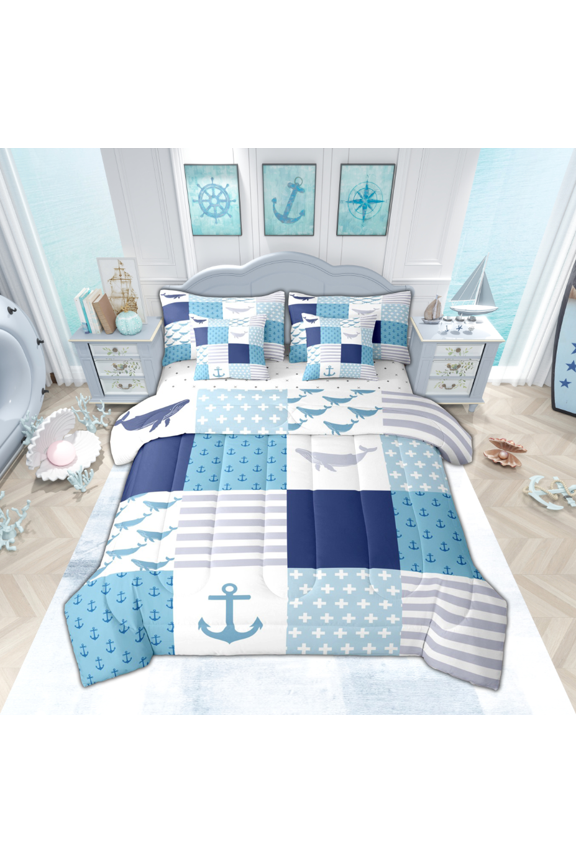 Whale Anchor Print Bedding Comforter Set 7-Piece, Blue Patchwork Plaid King Bedding Sets, Cartoon Marine Theme Bed Sheets, Super Cozy Room Decor