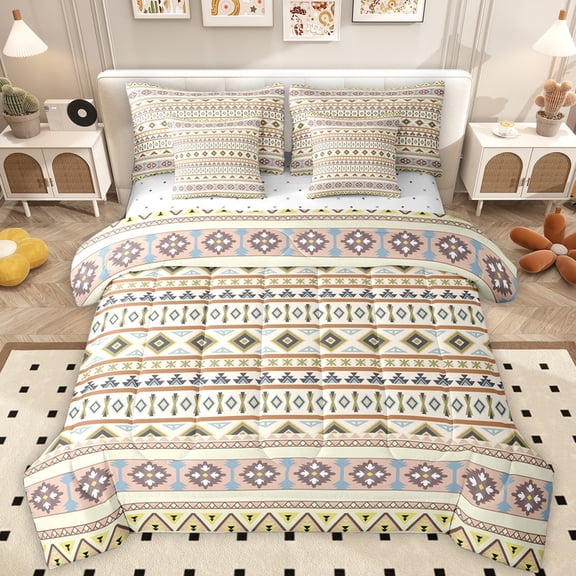 Feelyou Wheat Bohemian Aztec Bedding Comforter Set 7pcs, Hippie Trible Style Queen Bedding Sets, Retro Western Triangle Reversible Queen Sheet Sets, Lightweight Room Decor