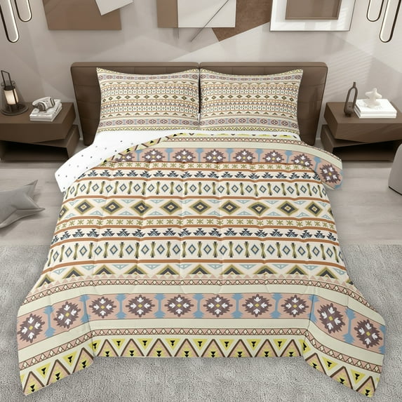 Feelyou Wheat Bohemian Aztec Full Size Comforter Sets, Hippie Trible Style Bedding Comforter Set, Retro Western Triangle Reversible Bedding Sets, Lightweight Room Decor, 3-Piece