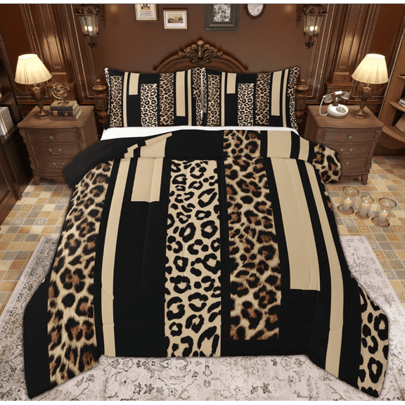 Feelyou Wheat Cheetah Print Queen Comforter Set for Women, Fashion Abstract Ombre Bedding Sets, Leopard Wildlife Reversible Bedding Comforter Set, Ultra Soft Bedroom Decor, 3-Piece