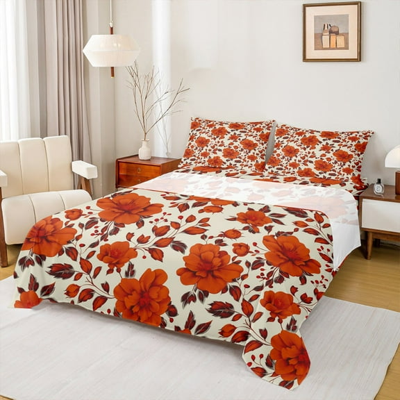 Feelyou Wheat Red Flower Twin Sheet Sets for Adult, Retro French Floral Twin Fitted Sheet, Countryside Theme Flat Sheet, Lightweight Room Decor, 3-Piece