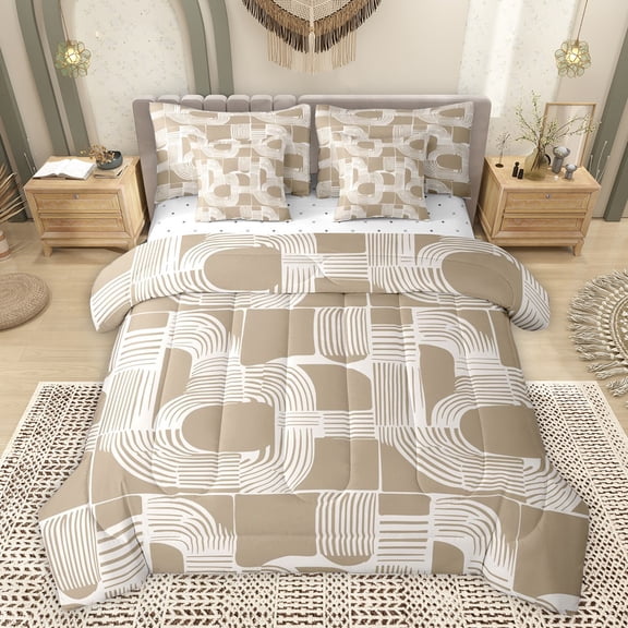 Feelyou Wheat Stripe Abstract Bedding Comforter Set 7 Pieces, Modern Minimalst Minimalism Full Bedding Set, Simple Fashion Style Reversible Fitted Sheet Flat Sheet, Lightweight Room Decor