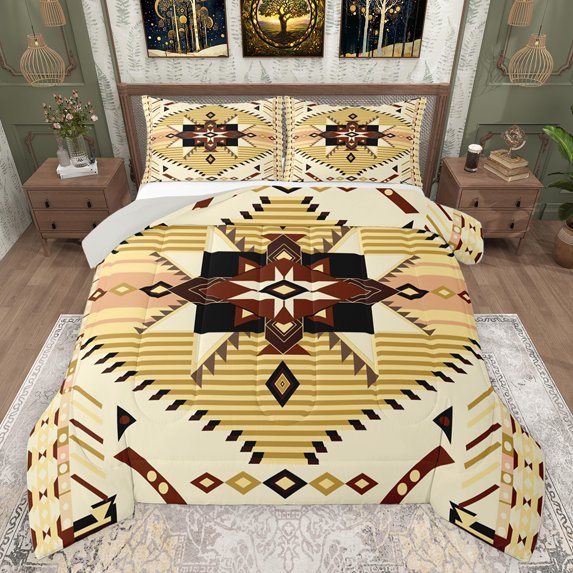 Feelyou Wheat Triangle Aztec Full Size Comforter Sets, Boho Rustic Farmhouse Bedding Comforter Set, Stripes Lines Ombre Reversible Bedding Sets, Luxury Bedroom Decor, 3-Piece