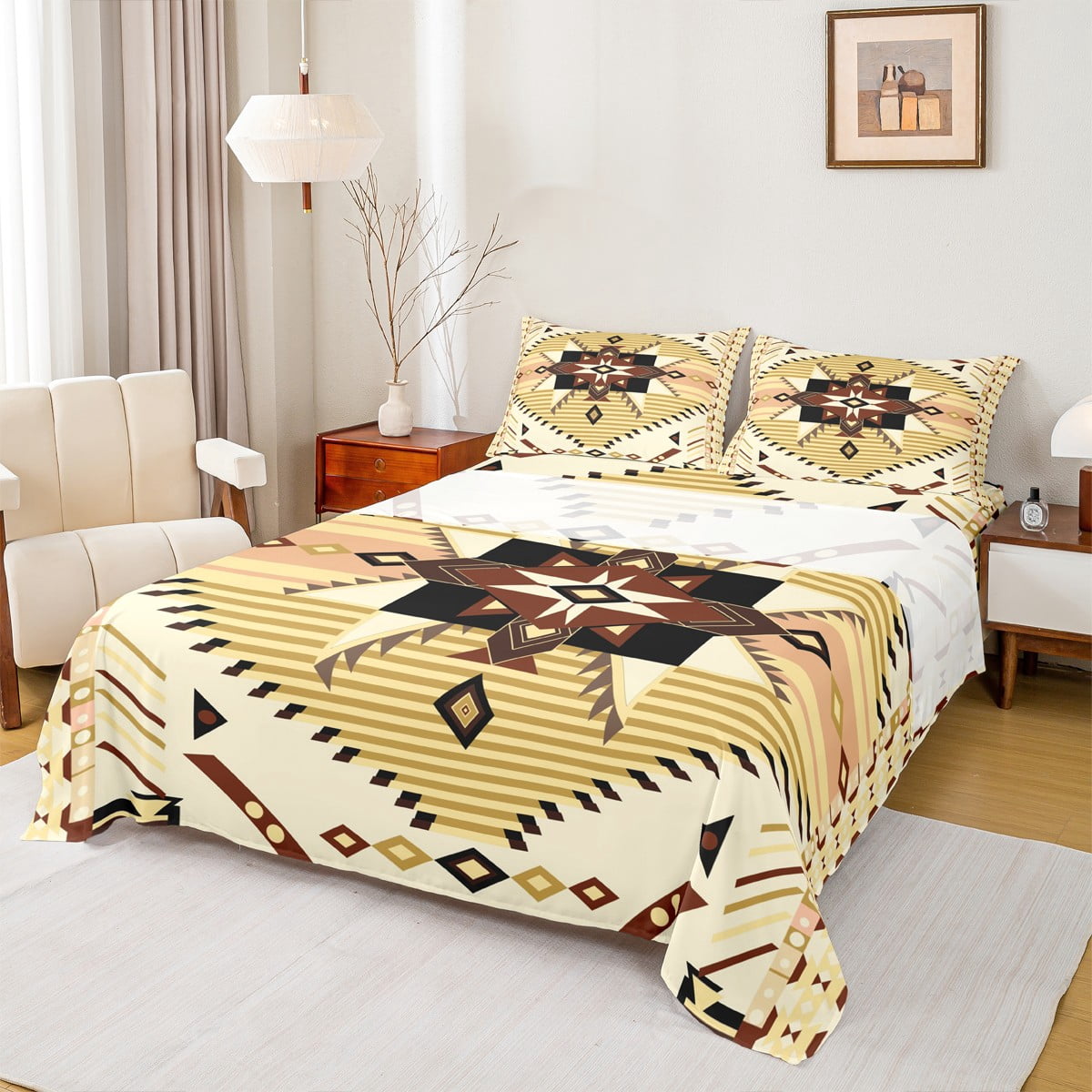 Feelyou Wheat Triangle Aztec Full Size Sheets, Boho Rustic Farmhouse ...