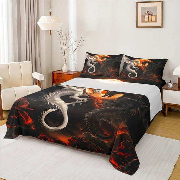 Feelyou White Black Dragon Full Size Sheets, Orange Moon Volcano Flame Bed Sheets, Wild Animal Wildlife Sheet Sets for Boys, Kids Room Decor