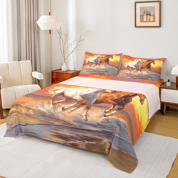 Feelyou White Brown Horse Bed Sheets, Summer Ocean Beach King Sheets, Rustic Western Animal Sheet Set, Super Cozy Room Decor, 4pcs