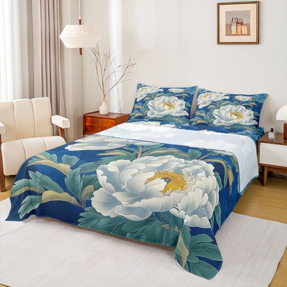 Feelyou White Chrysanthemum Twin Sheet Sets, Vintage Fashion Artwork Twin Fitted Sheet, Southwestern Theme Flat Sheet, Super Cozy Room Decor, 3-Piece