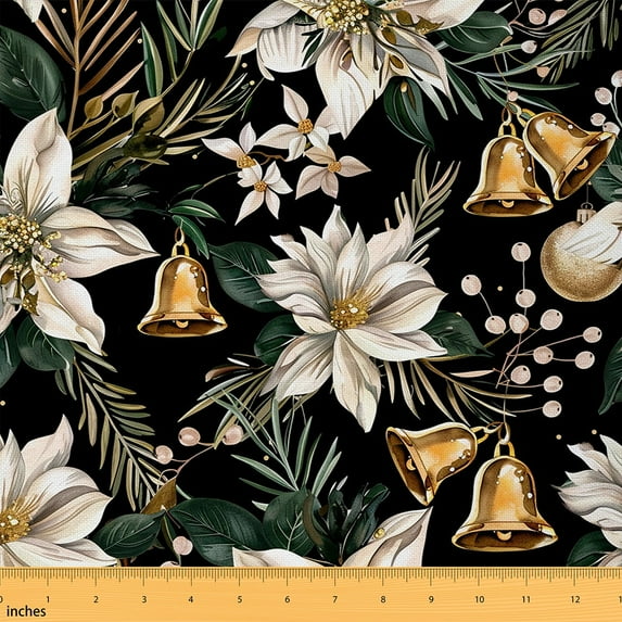 Feelyou White Floral Kids Fabric by the Yard 1 Yard, Christmas Bell Sewing Fabric, Adult Teenager Home Decor Fabric by the Yard, Microfiber Bedroom Decor