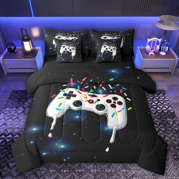 Feelyou White Game Console Bedding Comforter Set 7pcs, Galaxy Stars Queen Bedding Sets