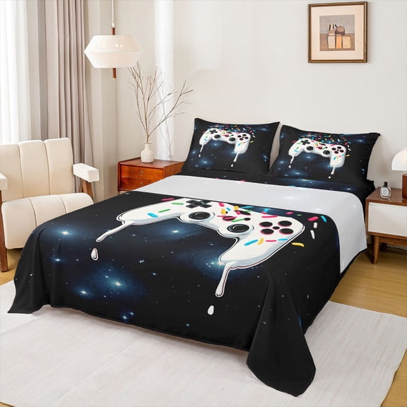 Feelyou White Game Console Twin Sheet Sets, Galaxy Stars Bedding, 3-Piece