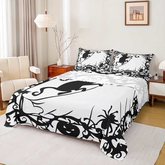 Feelyou White Ghost Print Twin Sheet Sets for Teen, Black Mystic Cat Twin Fitted Sheet, Cartoon Halloween Style Flat Sheet, Lightweight Room Decor, 3 Pieces