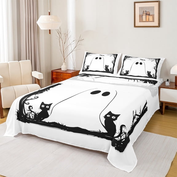 Feelyou White Ghost Print Twin Sheet Sets for Teen, Black Mystic Cat Twin Fitted Sheet, Cartoon Halloween Style Flat Sheet, Microfiber Bedroom Decor, 3pcs