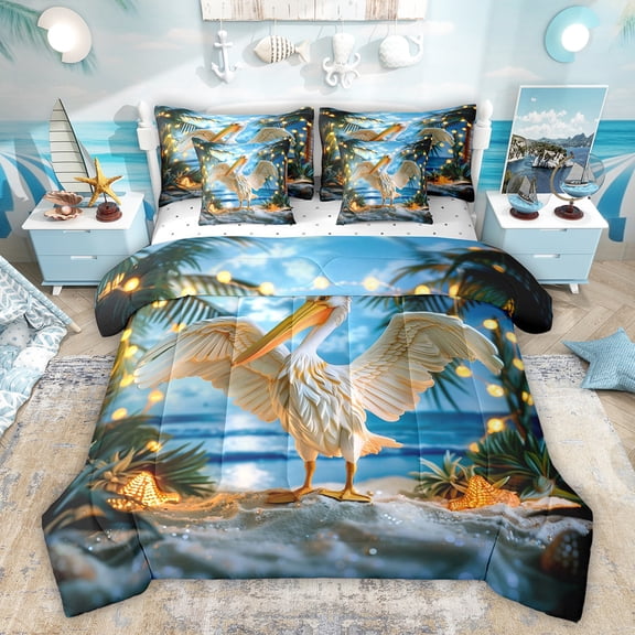 Feelyou White Pelicans Animal Twin Bedding Sets 7pcs, Blue Beach Marine Comforter Set