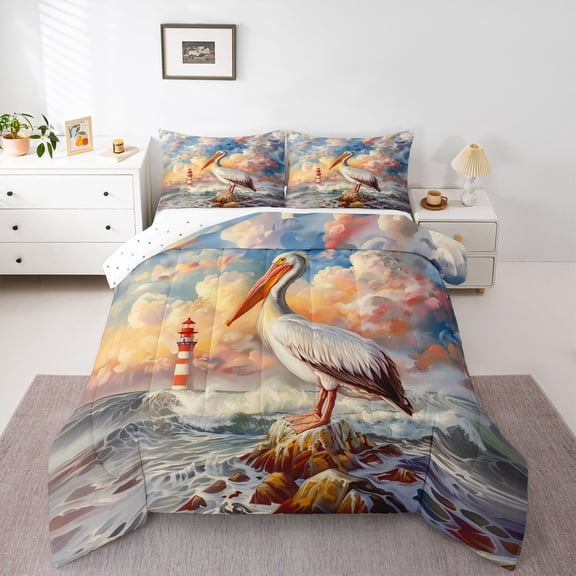 Feelyou White Pelicans Kids Twin Comforter Sets, Beach Ocean Animal Bedding Set, 2 Pieces