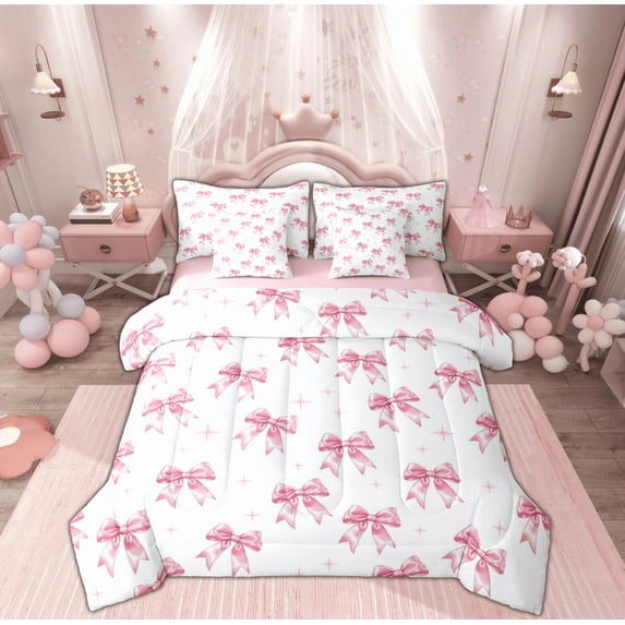 Feelyou White Pink Kawaii Ribbon Bedding Comforter Set 7 Pieces, Cartoon Stars Print Full Bedding Set, Teens Boys Girls Kids Reversible Fitted Sheet Flat Sheet, Luxury Bedroom Decor